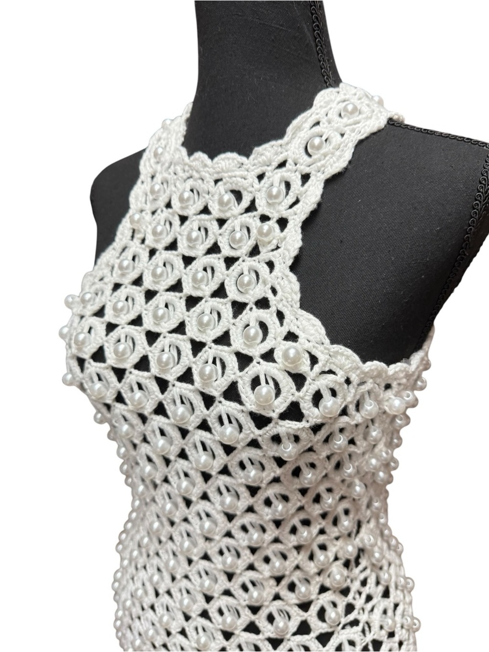 NovaLuxe Crochet Halter Faux Pearl Mini Dress Cover up White XS - Picture 6 of 11